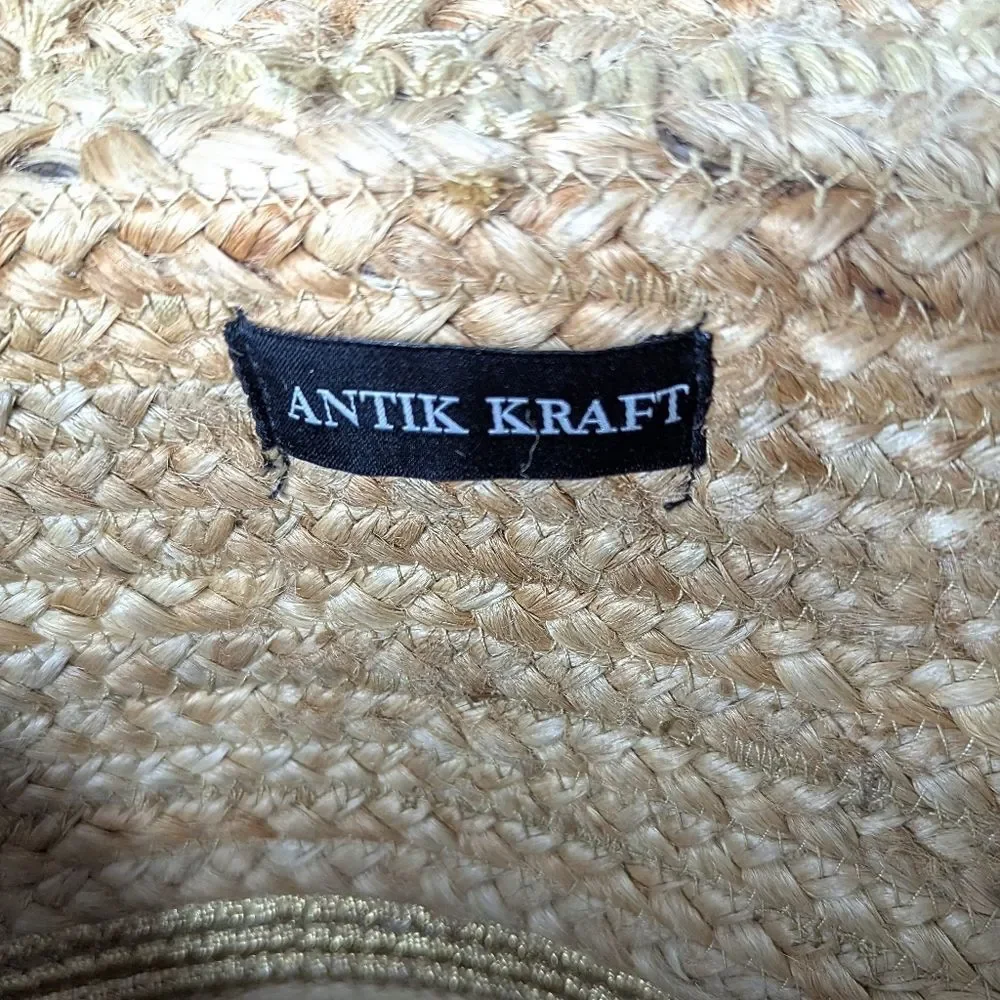 ANTIK KRAFT Jute Abstract Floral Gold Embellished Wood Handled Large Tote Bag